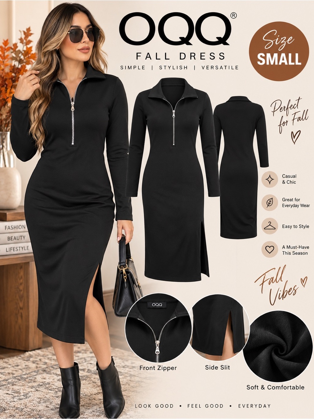 OQQ Black Long-Sleeve Zip Front Midi Dress